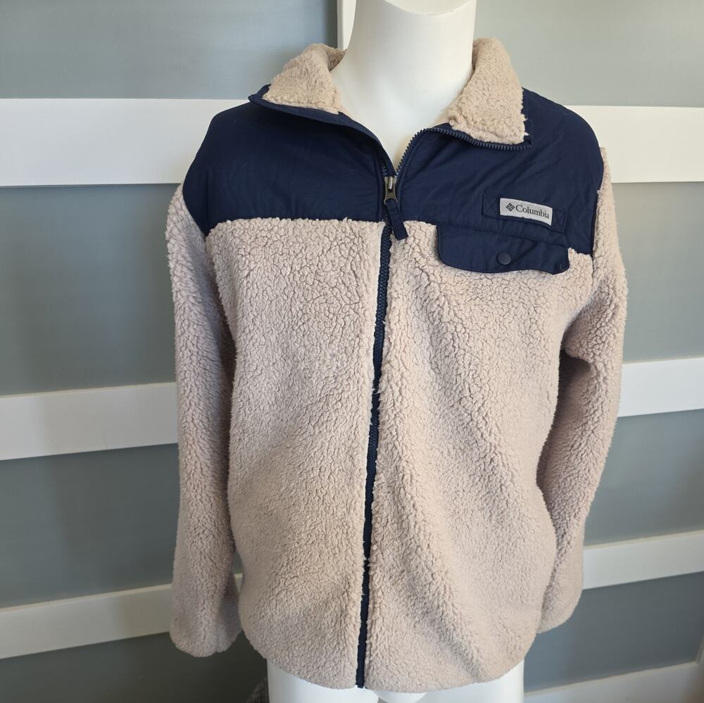 Columbia Mens Medium Tan and Navy Blue Sherpa Fleece Full Zip Outdoors Men